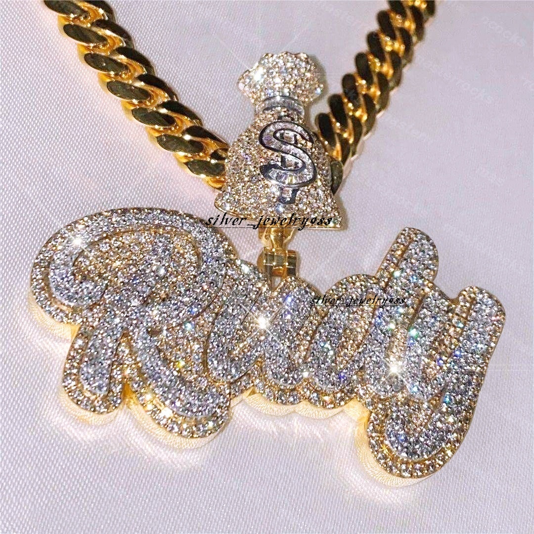 Iced Out Vvs Mossanite Pendant Chain 925 Silver Name Letter Hiphop Custom Moissanite Pendant
