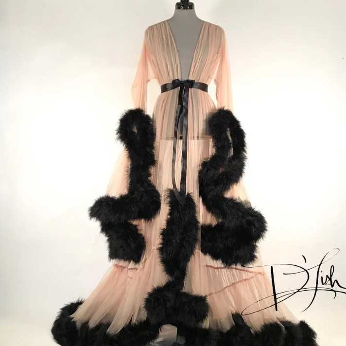 Sexy underwear straight perspective sexy feather trumpet sleeve tailed skirt 250315