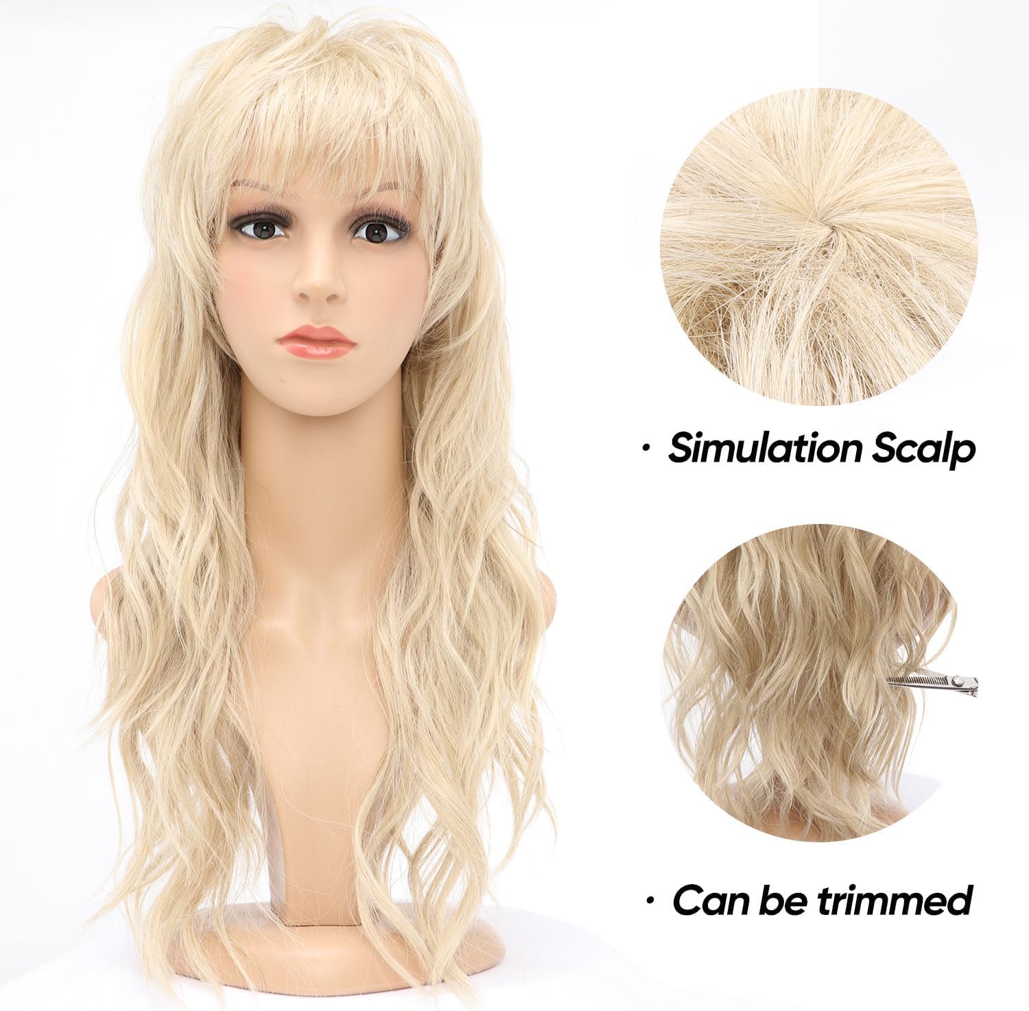 80s 90s Blonde Mullet Wigs Pixie Cut Wigs with Bangs for Women, Blond Wolf Wig Wavy Long Synthetic Split Fringe for Women at Party and Cosplay