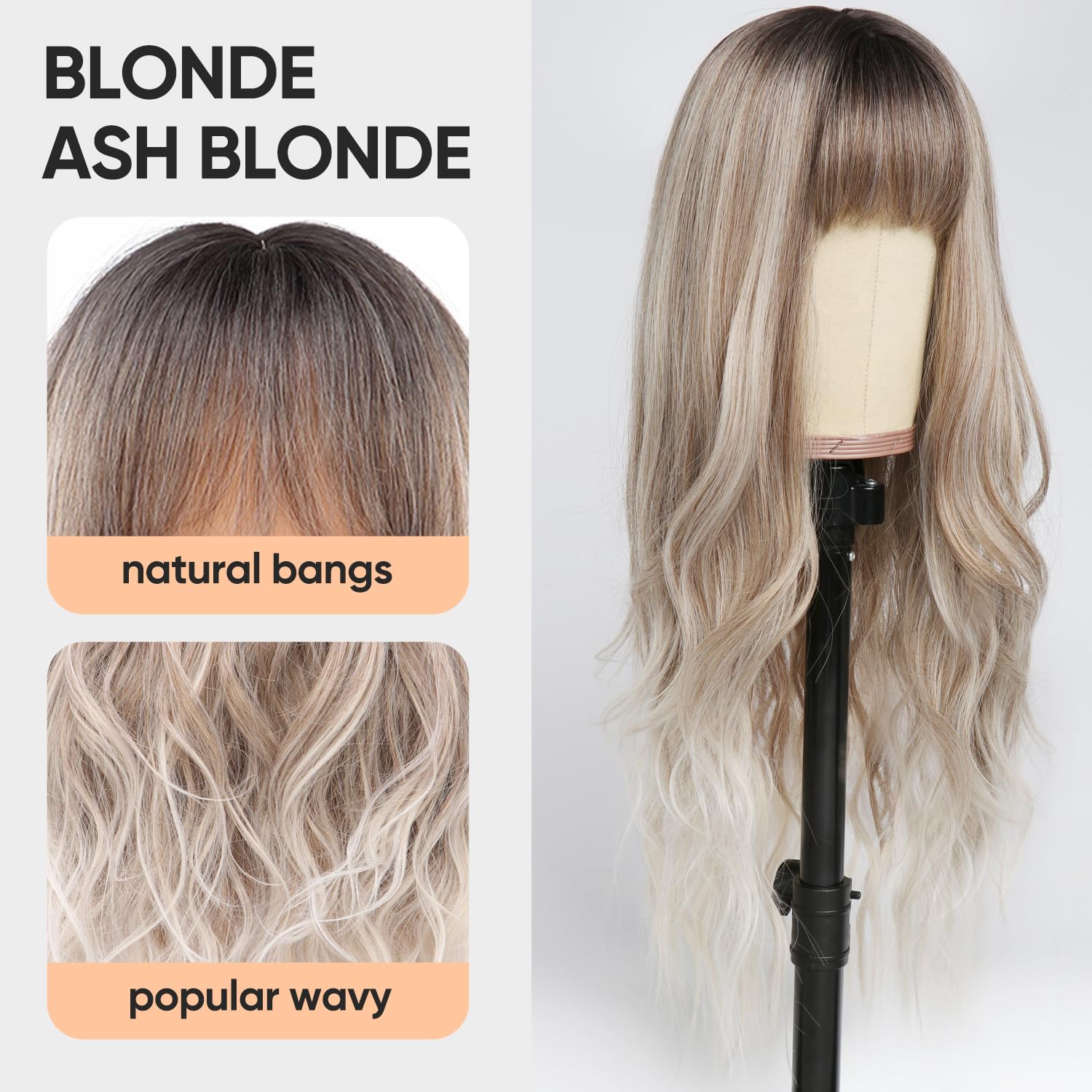 Long Ash Blonde Wig with Bangs and Highlight Ombre Blonde Women Long Wavy Hair Wig Curly Wavy Synthetic Wigs for Girls Daily Party Use(26 inch)