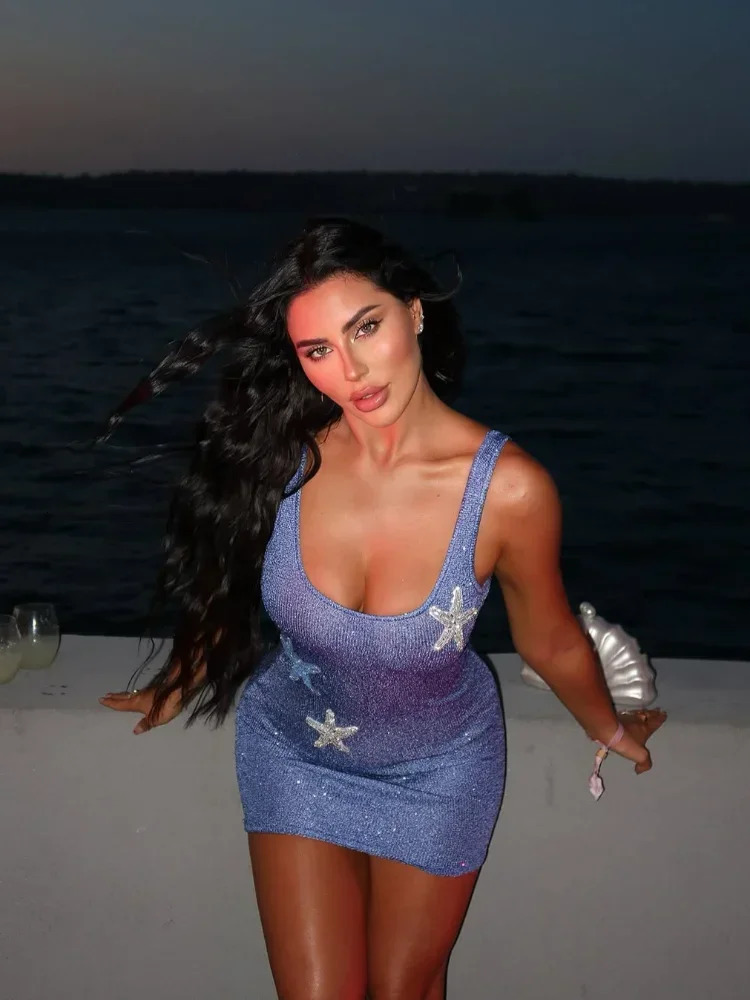 Elegant Sleevelss Shinny Sling Vestdios Fashion Women Sequare Neck Star Printed Slim Mini Dress 2025 Chic Beach Holiday Robes 250324