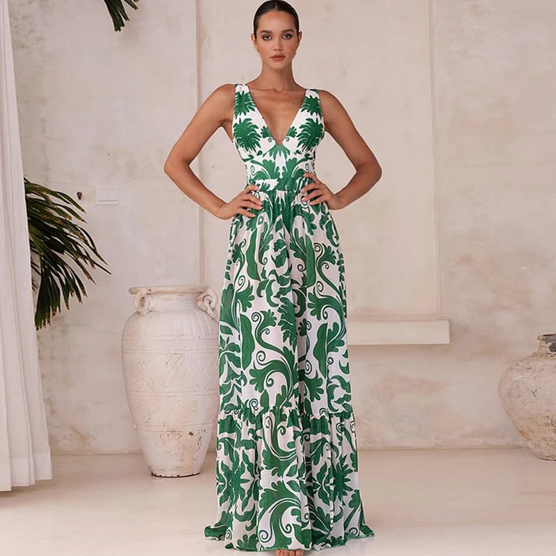 Flaxmaker womens sexy deep Vneck printed onepiece swimsuit and pants set Monokini girls beach 250321