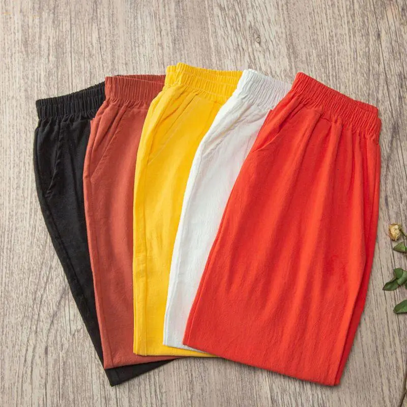 Womens summer casual loose harem elastic waist cotton linen pants 250324Z