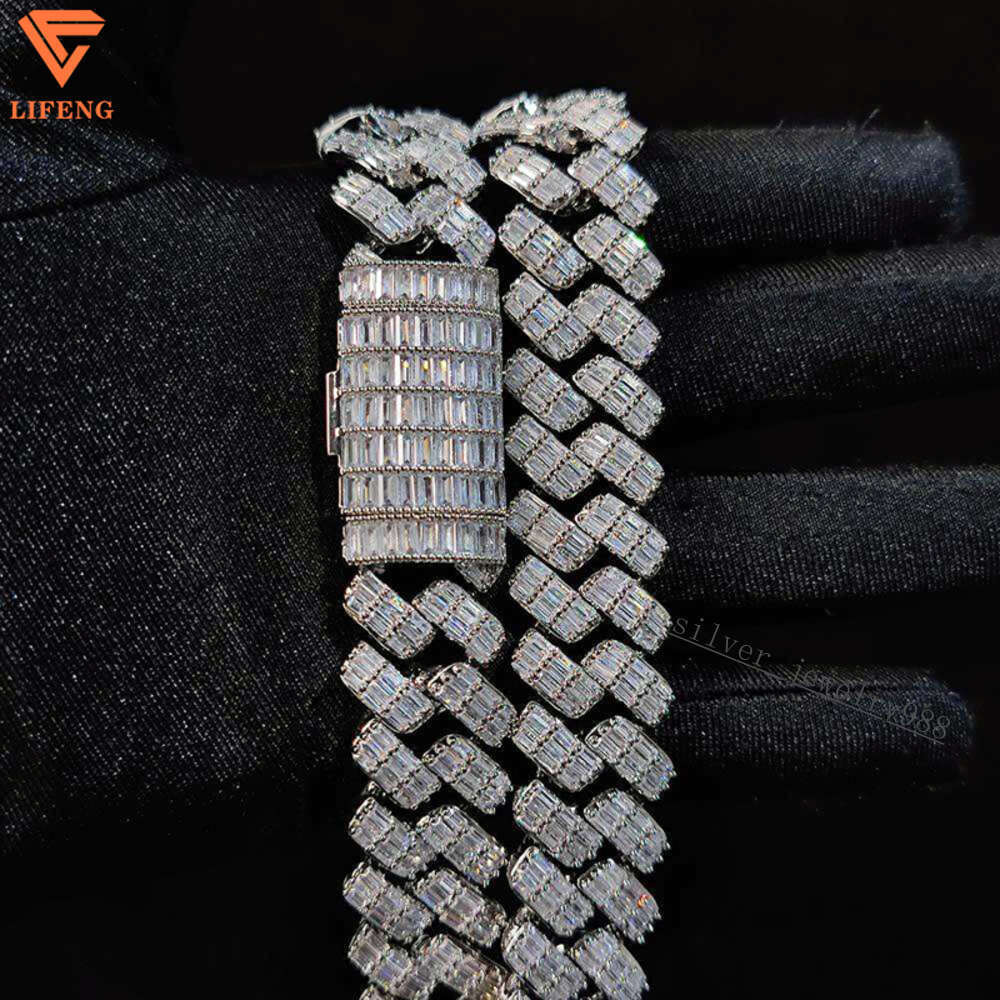 Custom Hiphop Jewelry 3 Row Baguette Diamond 14mm Miami Cuban Link Chain Vvs Moissanite 925 Silver Cuban Chain Necklace for Men