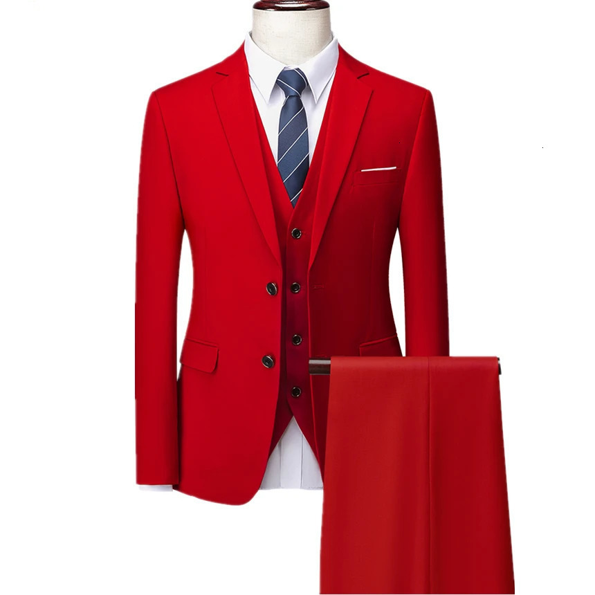 Pure Color Suit 3 Piece Men's Wedding Party Dress Jacket Vest Trousers Fashion Slim Fit Blazer Waistcoat Pants Red Blue Green 250325