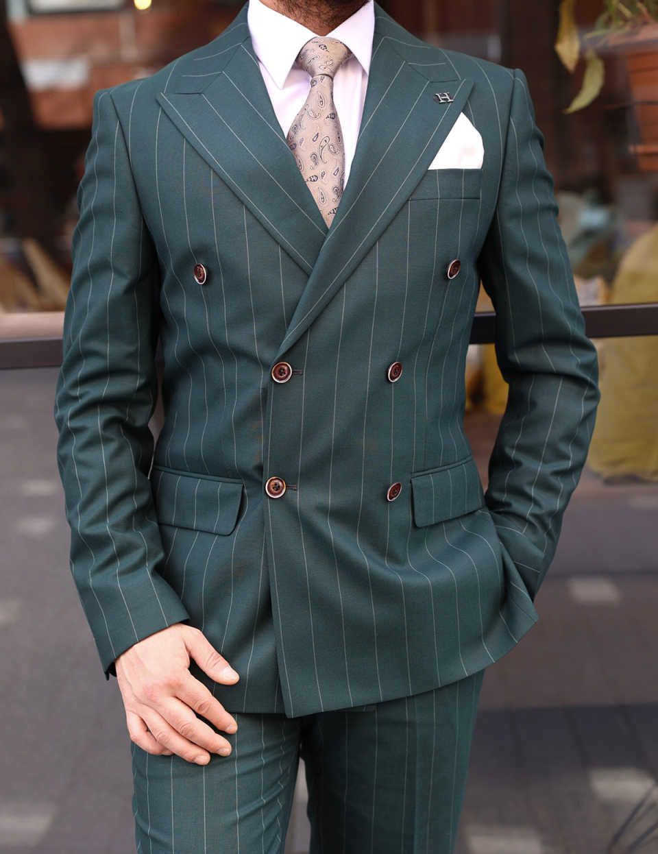 New Designer Men Suits Set 2 Pieces Blazer+Pant Trousers With Pinstripe Peaked Lapel Customized Groom Wedding Tuxedo Formal Office Prom Jacket(Coat+Pa