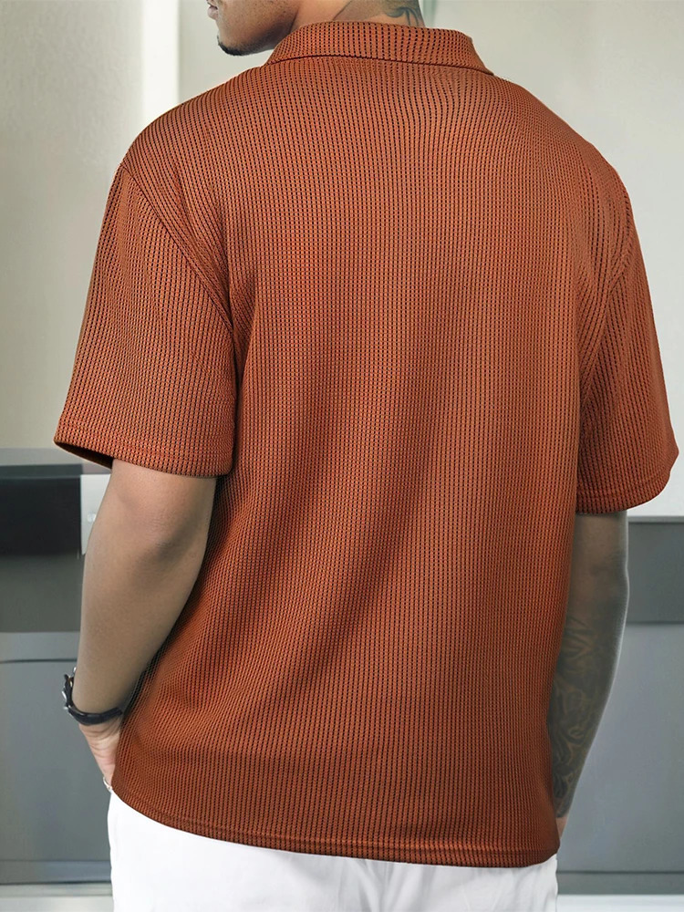 Casual Short Sleeve Ribbed T Shirts Mens Fashion Polo Collar Buttoned Textured Shirt For Men 2025 Summer Solid Tops 250311