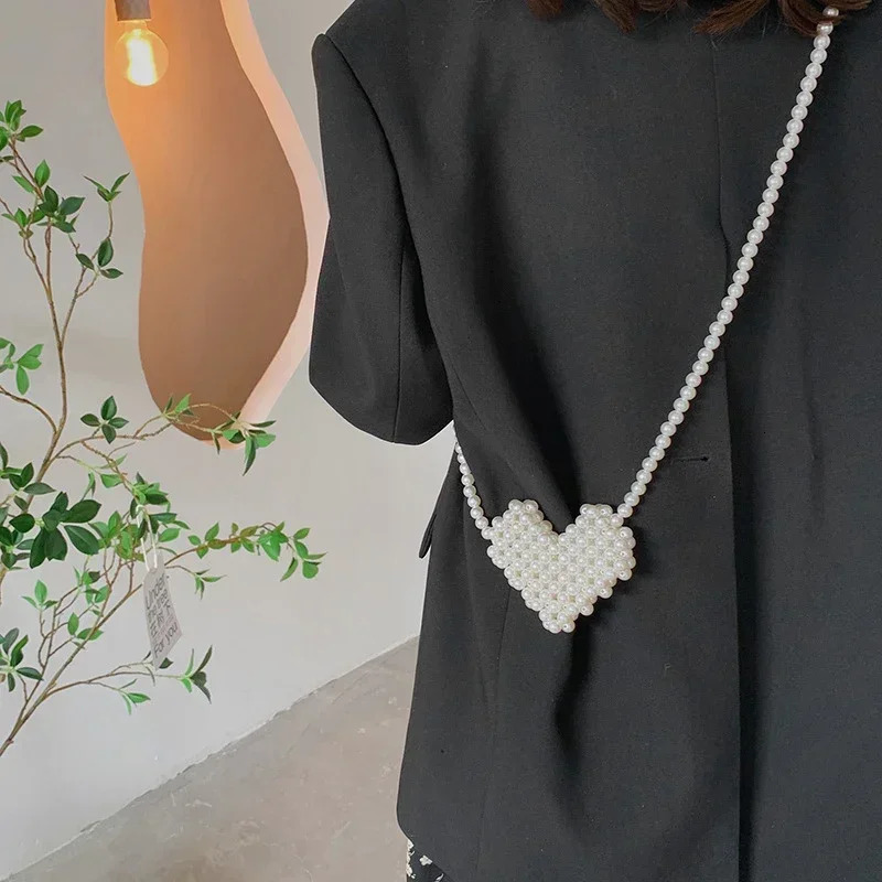 Heart Mini Bags for Women Delicate Pearl Cute Shoulder Crossbody Bag Stylish Versatile Sweet Girls Solid Color Leisure Holiday 250320