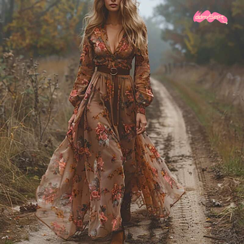 Elegant Long Sleeve Lapel Evening Autumn New Women's High Waisted Bohemian Vintage ral Printed Pleated Maxi Dress ddmySept