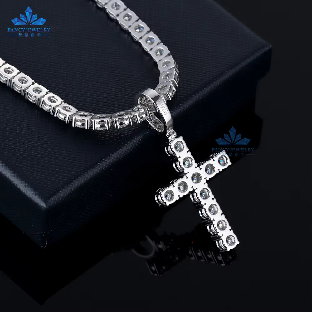 Hip Hop Jewelry 925 Silver White Iced Out VVS Moissanite Diamond Geometry Necklace Men 5mm Moissanite Cross Pendant