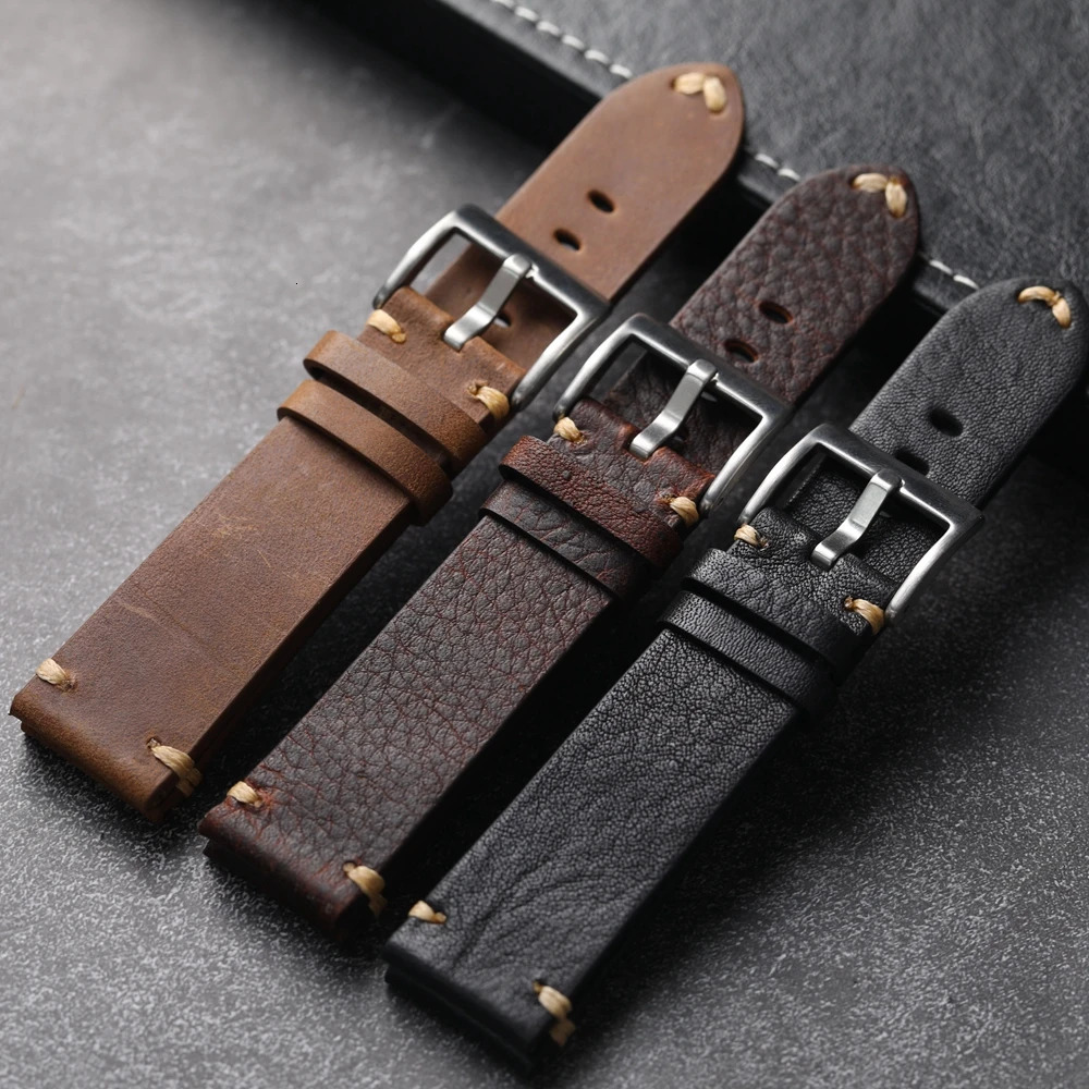 Handmade Head Layer Cowhide Leather Strap 18 19 20 21 22MM Black Brown Maroon Leather Bracelet Retro Style Wear-Resistant Brac 250318