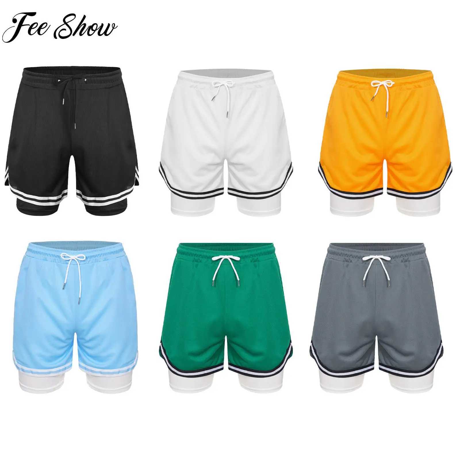 FEESHOW childrens boys sports shorts with built-in leg pull rod shorts childrens running basketball sports cycling training clothes W250324