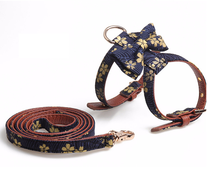 New K-shaped Bowknot Dog Harness Leash Set for Small Medium Dogs Puppy and Cats Walking No Pull Adjustable PU Leather Flower Print Harnesses Pet Acces