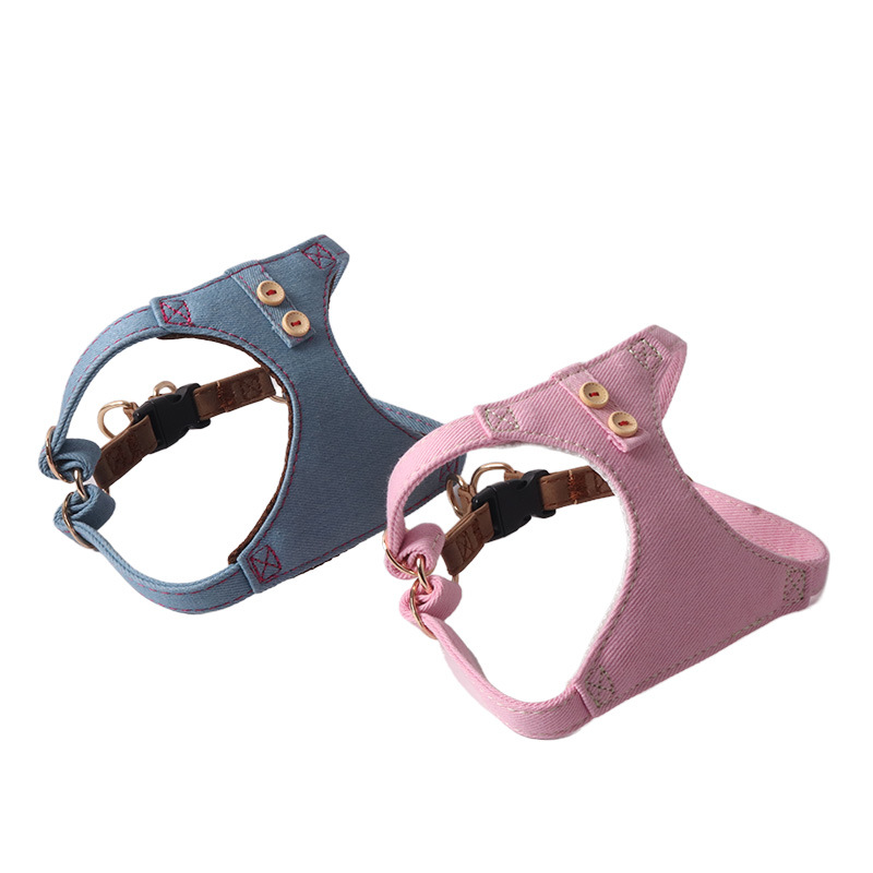 Dog Harness and Leash Set, Pure Cotton Denim Fabric Adjustable Step in Puppy Harness, Soft Breathable No Choke No Pull Pet Harness Vest for Small Dogs