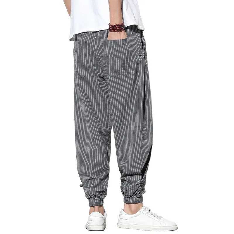 Mens Summer Casual Pants Spring/Summer Mens Striped Pants Loose Belt Sports Pants Summer Linen Cut Pants W250324