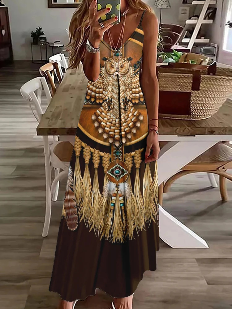 Vintage Ethnic Style Womens Long Dress Summer Daily Casual Womens Sleeveless Dress Indian Owl Totem Print Fashion V-neck Dress 250324