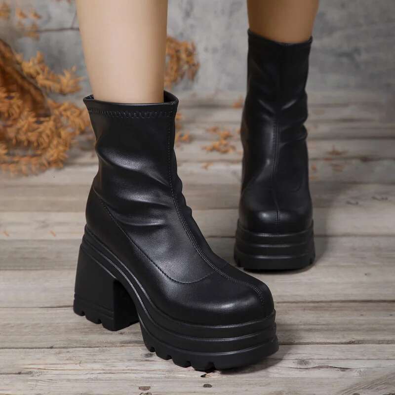 New Fashion Short Boots Women Sexy Leather Boot Square Toe Casual Zipper High Heels Casual Thick Soled Women Shoes Atos
