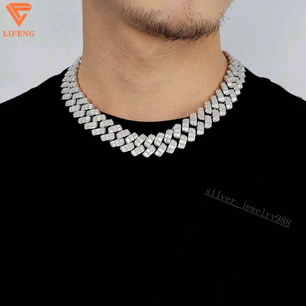 Custom Hiphop Jewelry 3 Row Baguette Diamond 14mm Miami Cuban Link Chain Vvs Moissanite 925 Silver Cuban Chain Necklace for Men