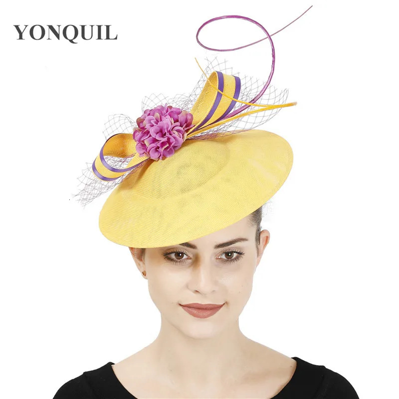 Yellow With Purple Hair Fascinator Hat Headband Bridal Wedding Party Headpiece Mesh Ladies Occasion Hair Accessories 250320