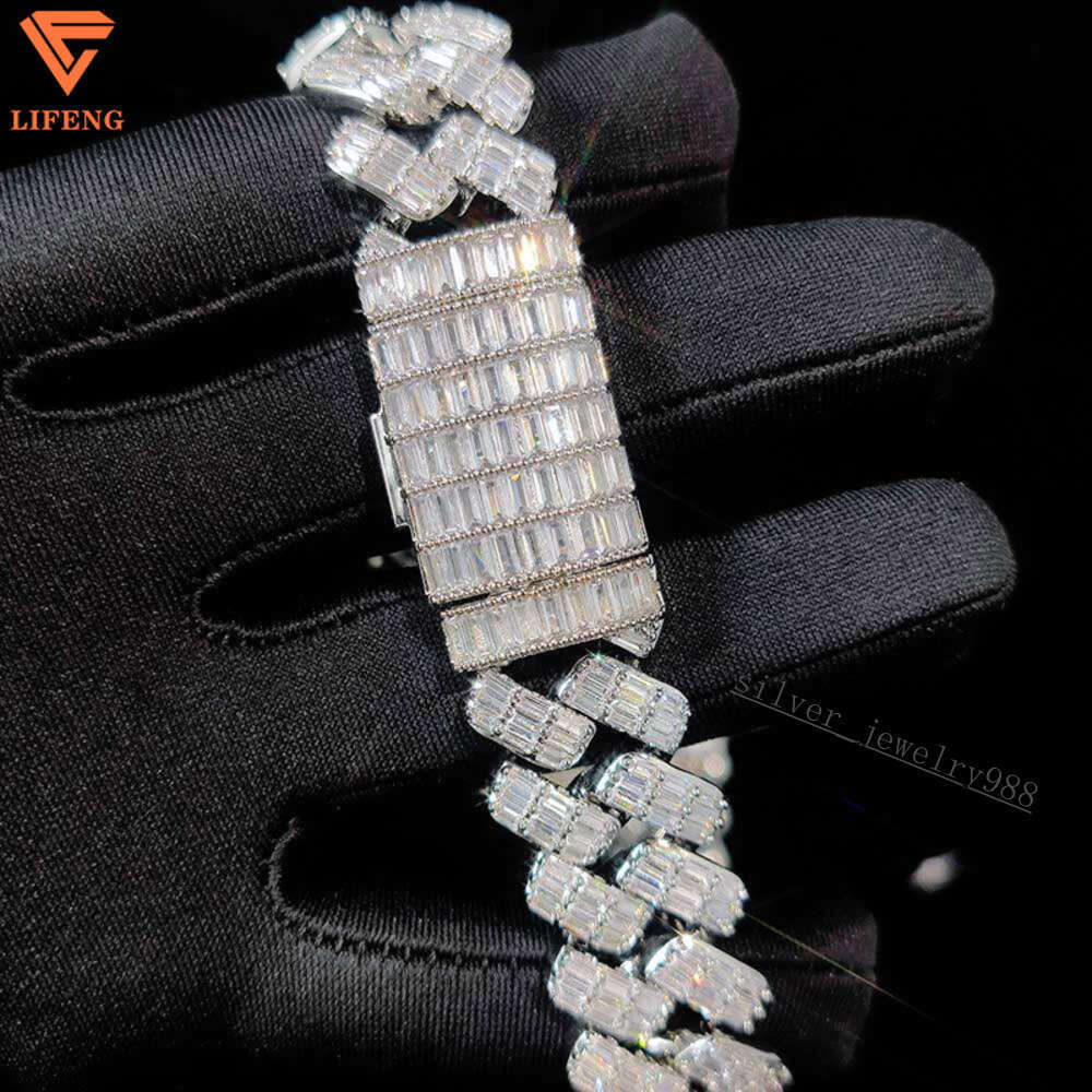 Custom Hiphop Jewelry 3 Row Baguette Diamond 14mm Miami Cuban Link Chain Vvs Moissanite 925 Silver Cuban Chain Necklace for Men