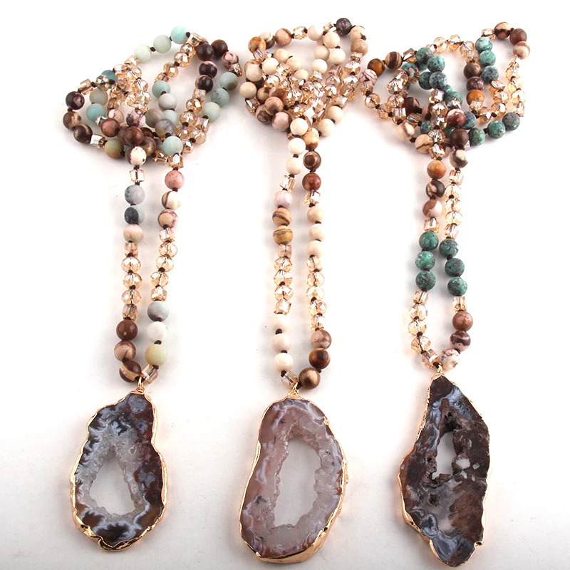 Fashion Bohemian Tribal Jewelry Crystal / Stone Long Knotted Irregular Druzy Stone Pendant Necklaces For Women 250318