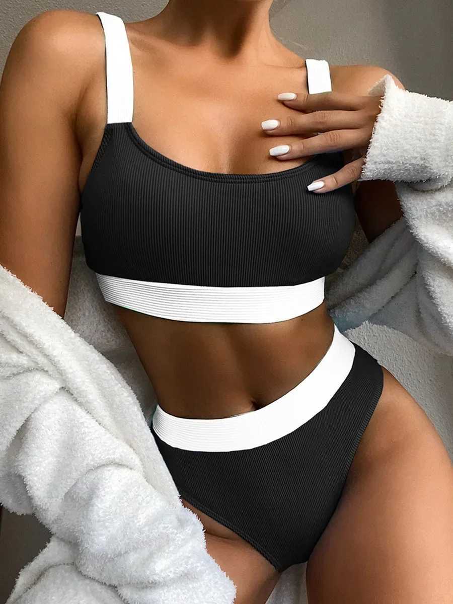 Sexy Splicing Rib Bikini High Waist Bikini 2025 Fa Swimsuit Womens Swimsuit Two Piece Bikini Set SwimsuitXJ250324