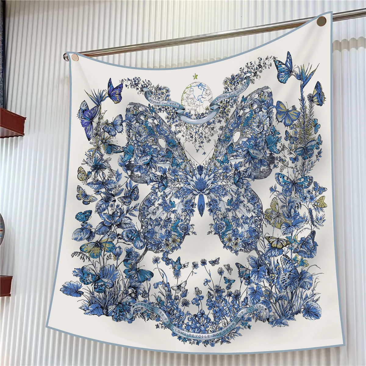 90cm Butterfly Flowers Square Scarf Women Twill Silk Scarf Shawl Hijab Bandana Foulard Neckerchief Head Scarf 250321