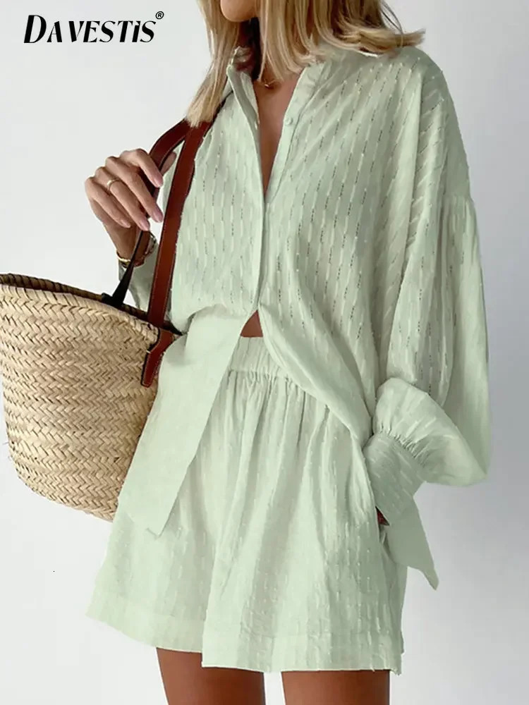 Casual Jacquard Shorts Set Womens Summer Loose Long Sleeve Shirt 2-piece Set Hawaiian Style Shorts 2-piece Set 250322