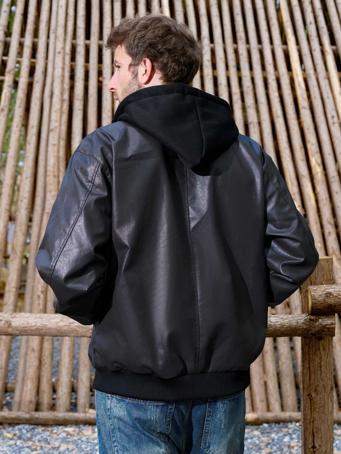 Mens Vintage Jackets Black False Two-Piece Hooded Coats Loose Windbreaker Leather Motorcycle Boomber Jacket Fall&Winter