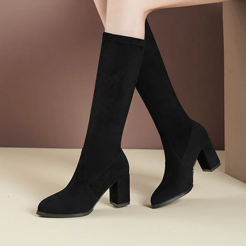 Women Boots Winter Knee High Comfort y Heels Shoes Fashion Warm Suede Round Toe Long 250317
