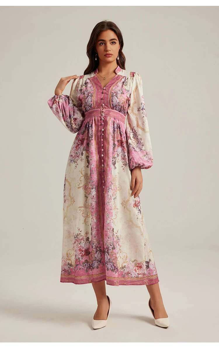 In 2025, stand - collar single -breasted printed vintage with belt. It's a mid -length dress suitable for vacation style ddmySept
