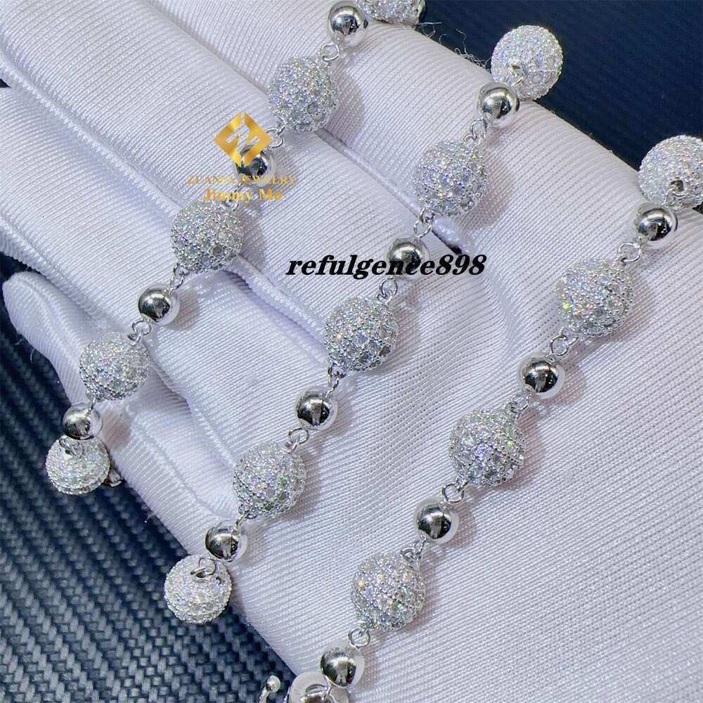GRA 8Mm Iced Out Hip Hop Jewelry Sterg Sier White Gold Plated Vvs Moissanite Ball Bead Chain Cuban Necklace