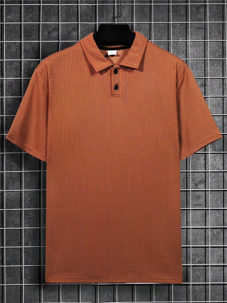 Casual Short Sleeve Ribbed T Shirts Mens Fashion Polo Collar Buttoned Textured Shirt For Men 2025 Summer Solid Tops 250311