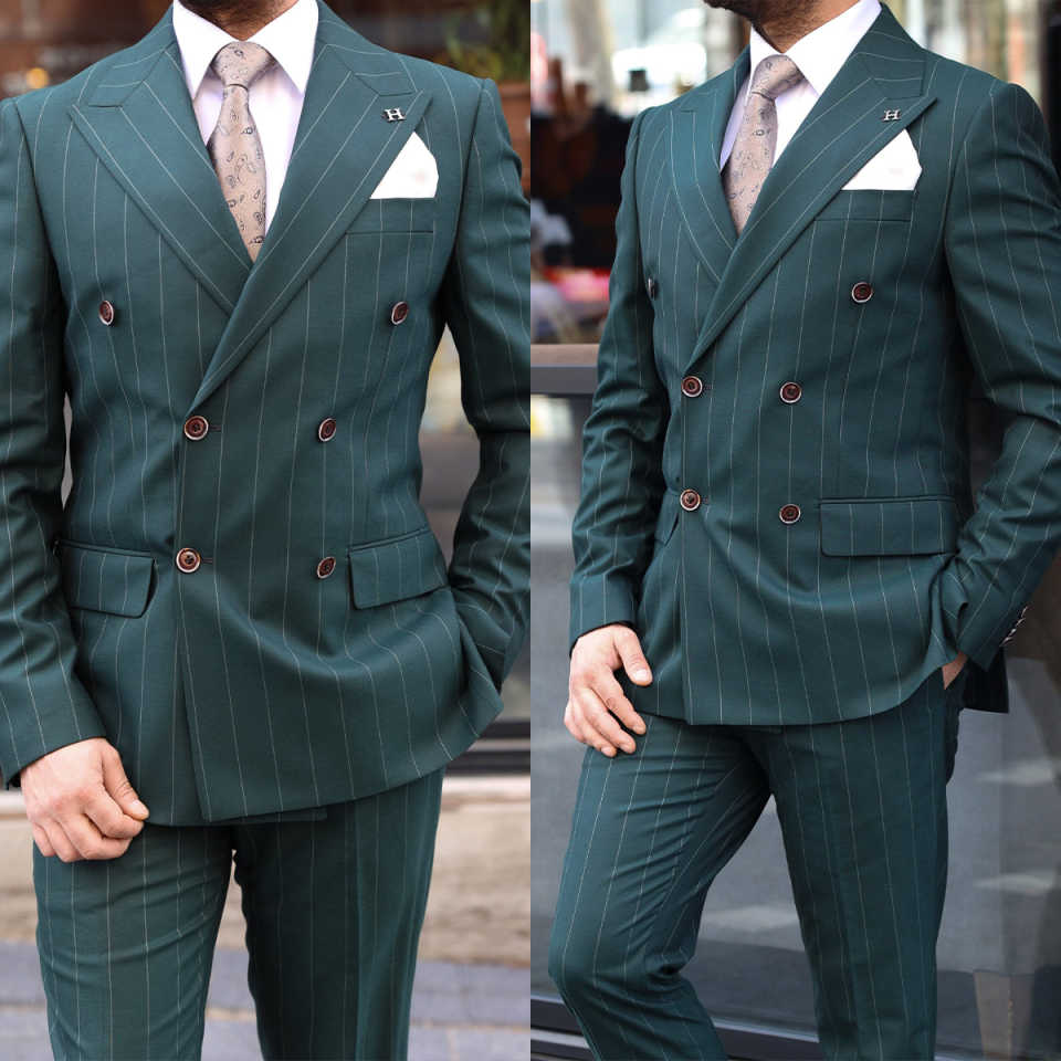 New Designer Men Suits Set 2 Pieces Blazer+Pant Trousers With Pinstripe Peaked Lapel Customized Groom Wedding Tuxedo Formal Office Prom Jacket(Coat+Pa