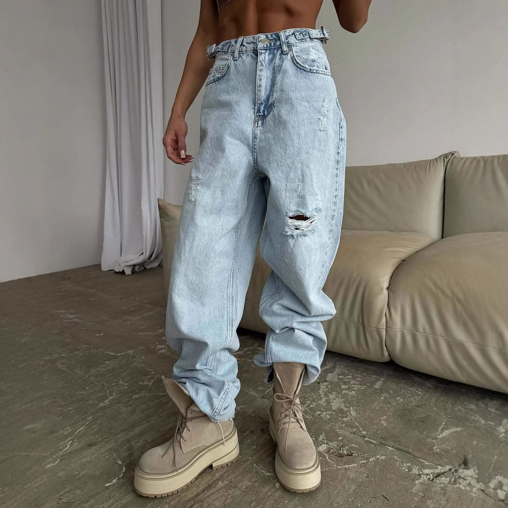 Jeans for women, straight tube, loose and luxurious, summer high waist, slimming, beggar, ripped hole, wide leg pants, trendy