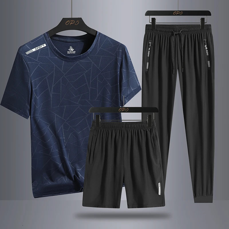 Summer camouflage ice silk trend personalized sports three piece set round neck Tshirt shorts loose and casual pants 250318