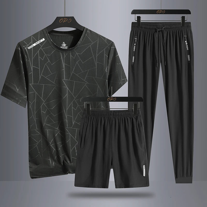 Summer camouflage ice silk trend personalized sports three piece set round neck Tshirt shorts loose and casual pants 250318