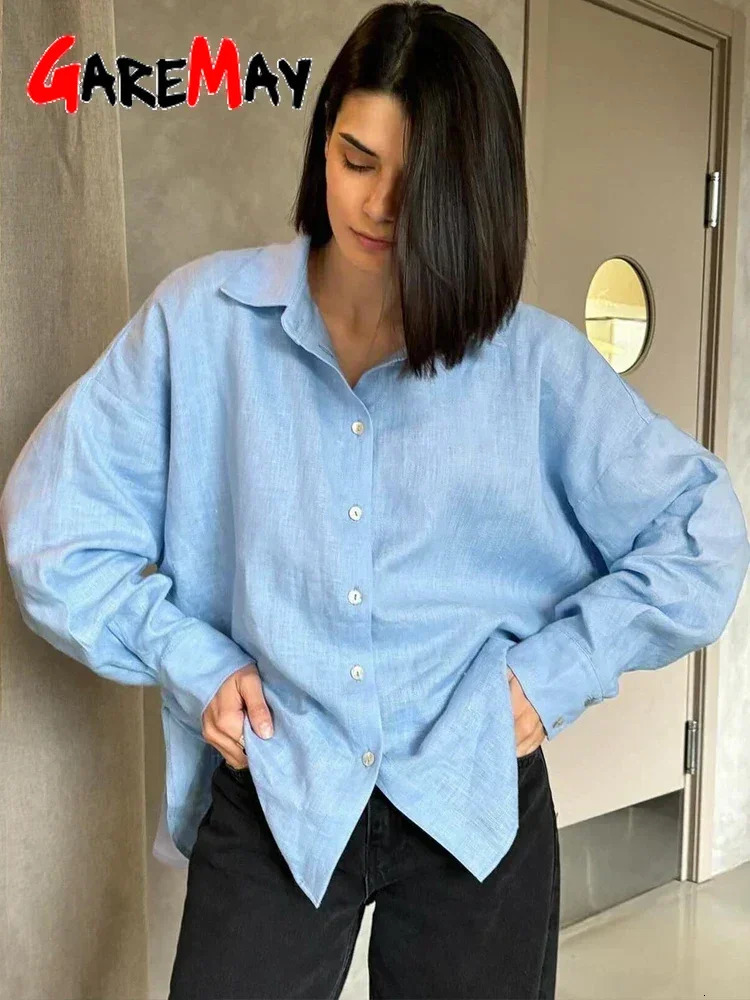 White womens linen long sleeved elegant pink oversized shirt retro spring basic collar cotton linen shirt 250322