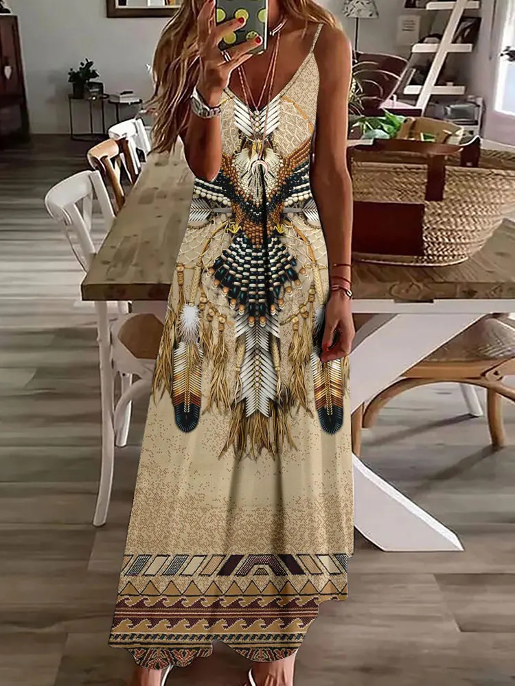 Vintage Ethnic Style Womens Long Dress Summer Daily Casual Womens Sleeveless Dress Indian Owl Totem Print Fashion V-neck Dress 250324