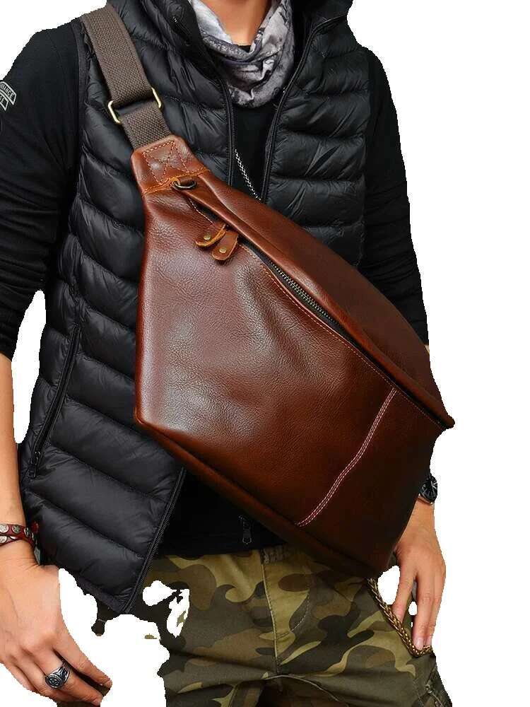 Large Capacity Genuine Leather Men's Chest Bag Retro Fashion Casual Real Cowhide Daily Sports Big Shoulder Messenger Bags