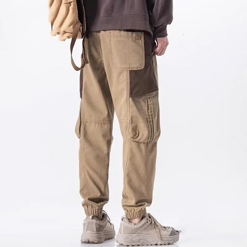Mens retro patch work pants autumn pockets comfortable jogging casual outdoor elastic waist Trousers 250322