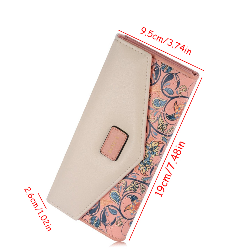 Floral Print Long Wallet For Women, Credit Card Holder, Coin Cash Phone Tri-fold Purse Envelope Handbag