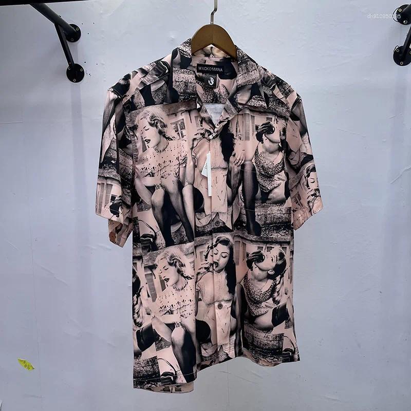 Mens Casual Shirts Pink Grey Blue 2025 Print Lapel Short Sleeve WACKO MARIA Shirt Men Woman Streetwear Fashion Summer Top