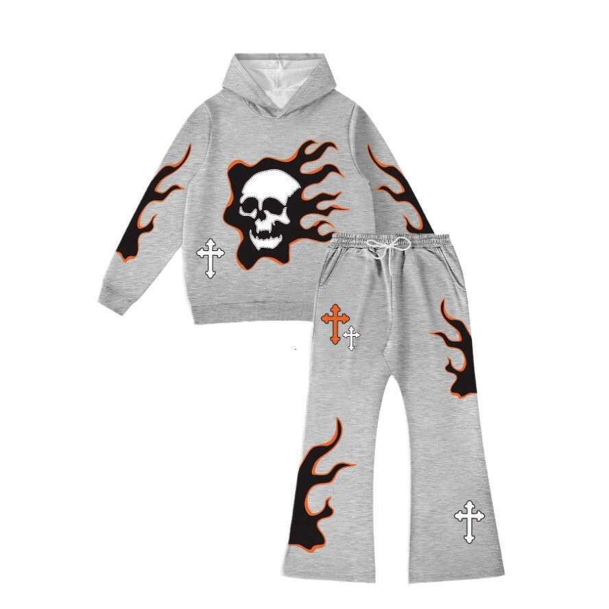 New Y2K trendy printed sports hip-hop street couple style skull hooded pullover, drawstring pants