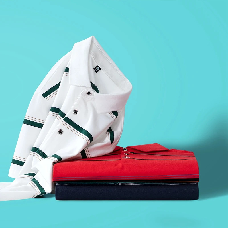 Summer mens polo shirt pure cotton short sleeved Tshirt thin striped business casual breathable pleated top 250311