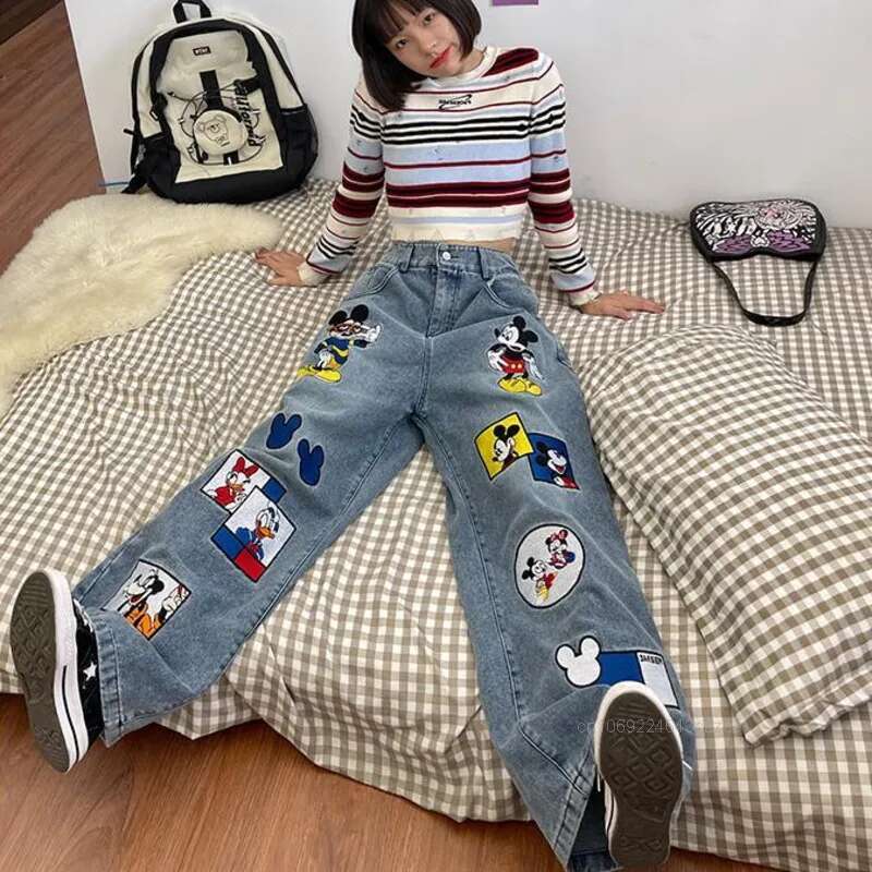 Fun Cartoon Embroidered Jeans Women Spring New Loose Fit Bmerican Style Denim Trend Casual Wide Leg Pants