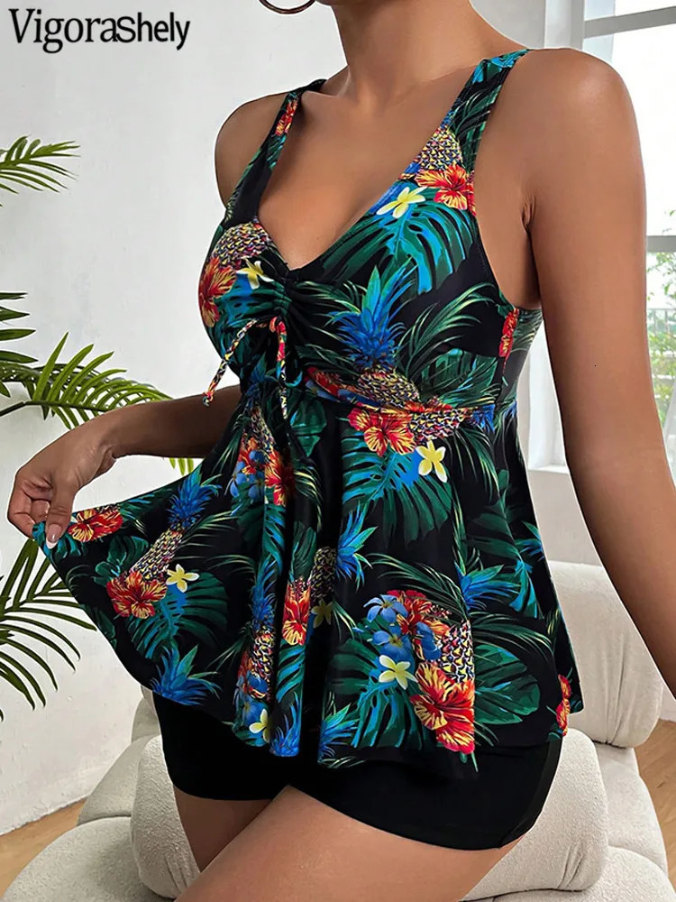 Vigorasely Sexy 2025 Printed Tankini Set Womens Lace up Push Swimsuit High Waist Beach Brazilian 250321