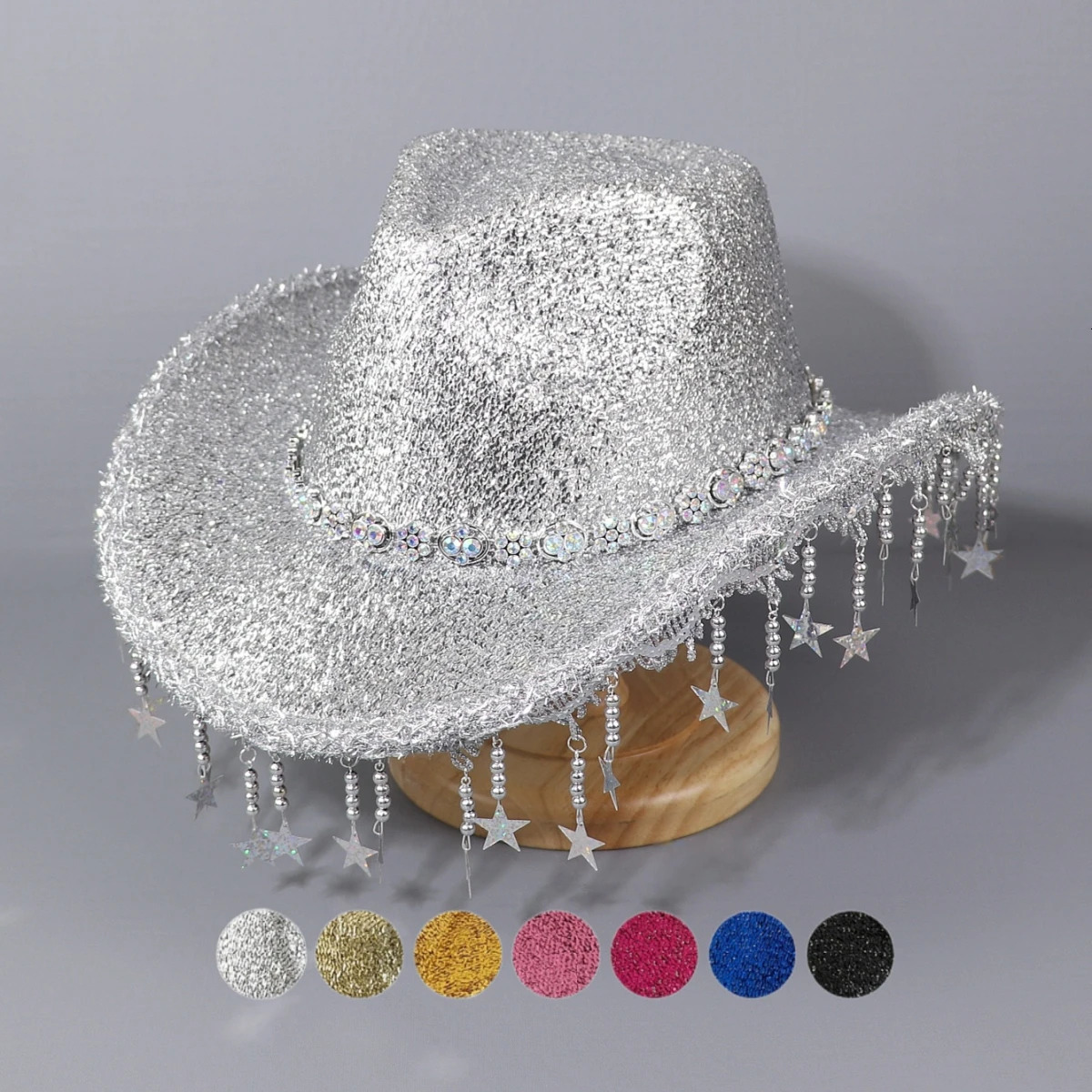 A western cowboy hat for men and women bright silk material with colorful Rhinestone decoration star beaded pendant 250322