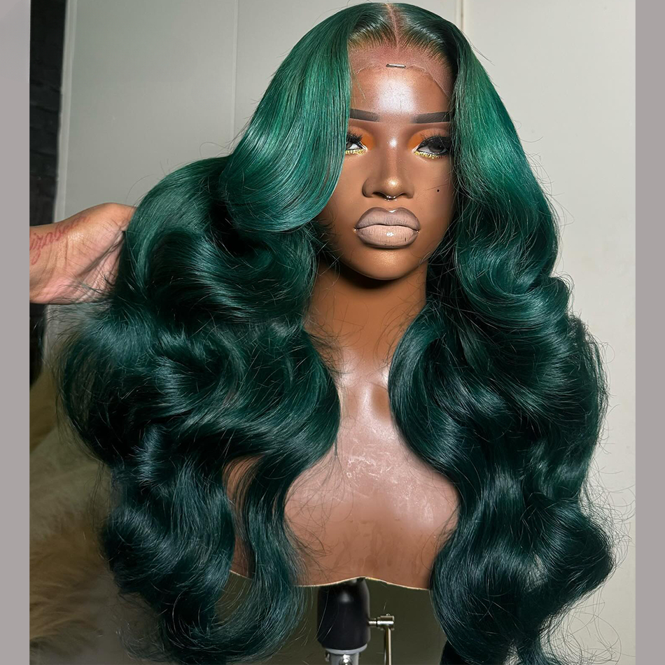 Free shipping Peruvian Dark Front Wigs For Women Human Hair Pre Plucked HD Transparent Ombre Green Lace Frontal Wig with Roots Colored