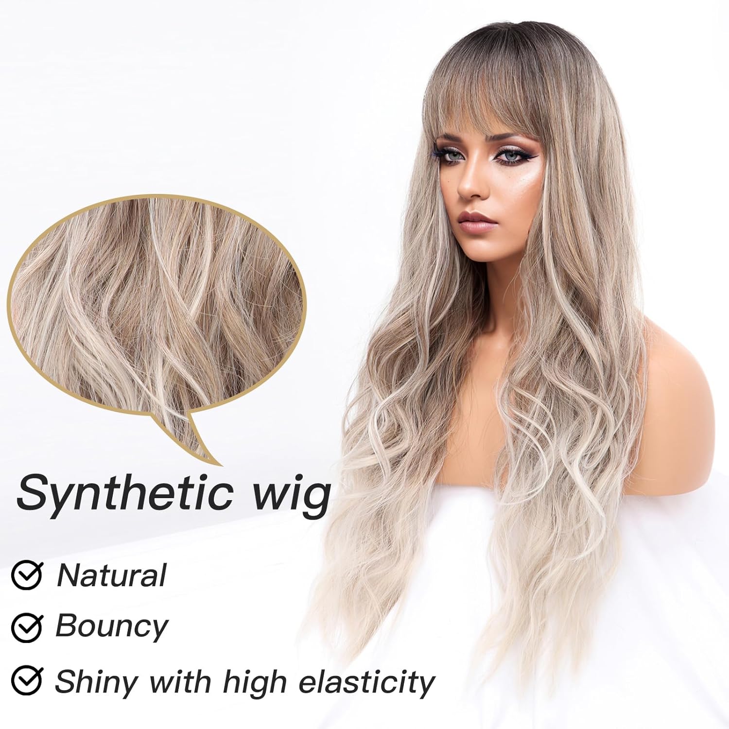 Long Ash Blonde Wig with Bangs and Highlight Ombre Blonde Women Long Wavy Hair Wig Curly Wavy Synthetic Wigs for Girls Daily Party Use(26 inch)